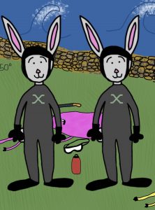 Two cartoon bunnies in wetsuits, standing on the beach